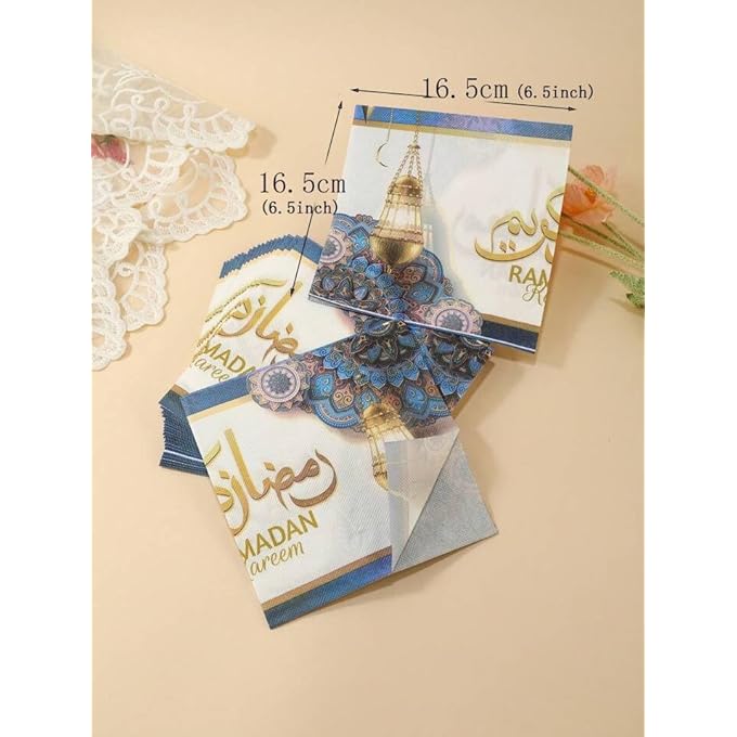 1 PACK OF RAMADAN KAREEM PAPER NAPKINS 20PCS, GOLDEN PURPLE BLUE FESTIVE HOLY MONTH TABLEWARE DISPOSABLE TISSUES FOR IFTAR PARTY TABLE SETTING DECORATION EVENT DINNER (BLUE) - Image 5